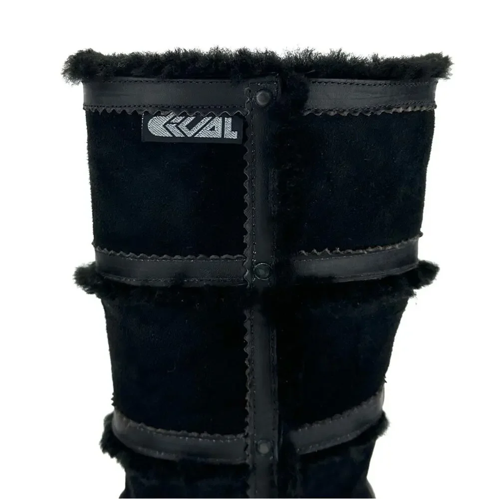 Dival Italy Elisa Black Winter Boot Sz 8 Leather Wool Lining Low Wedge Mid-Calf